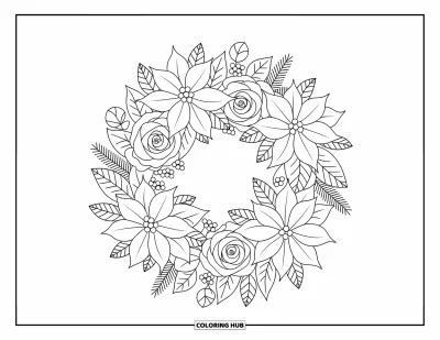 Coloriage de couronne de Noël pour adultes : Une couronne de poinsettias, de roses et de gui resplendit avec des baies et des rubans