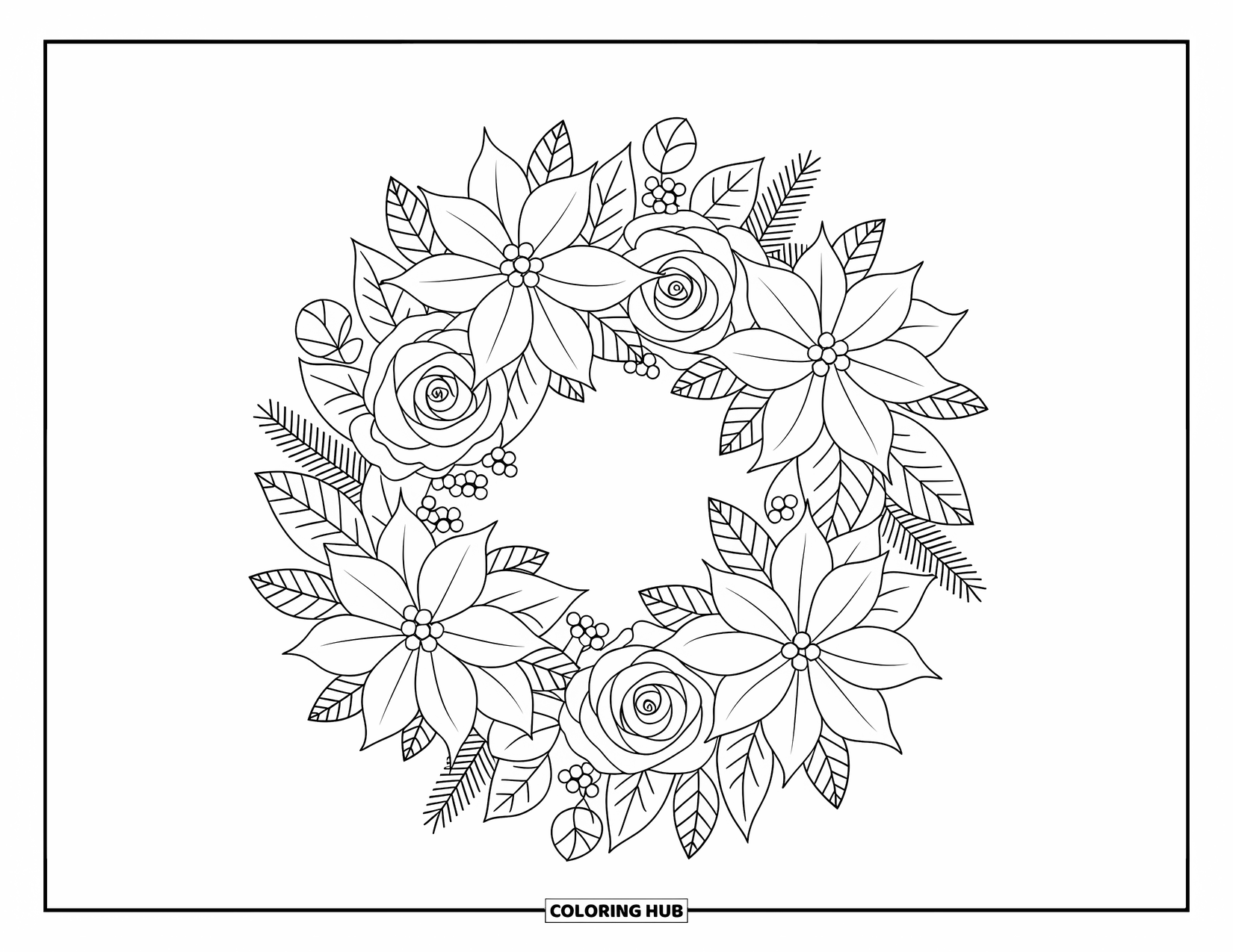 Coloriage de couronne de Noël pour adultes : Une couronne de poinsettias, de roses et de gui resplendit avec des baies et des rubans