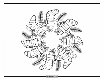 Coloriage de couronne de Noël pour adultes : Une couronne de chaussettes et de boîtes cadeaux est garnie de cannes en sucre d'orge et de houx