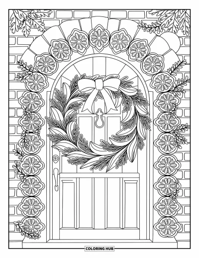Coloriage de couronne de Noël pour adultes : Une couronne avec des mandalas floraux est accrochée à une porte sous un ciel étoilé