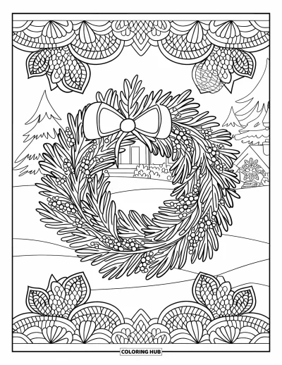 Coloriage de couronne de Noël pour adultes : Une couronne de sapin est encadrée de motifs floraux en dentelle et d'une maison