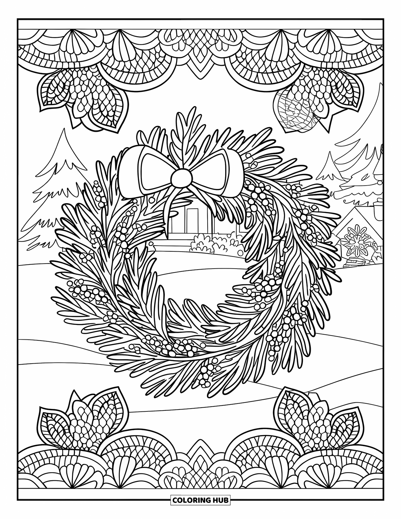 Coloriage de couronne de Noël pour adultes : Une couronne de sapin est encadrée de motifs floraux en dentelle et d'une maison
