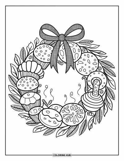 Coloriage de couronne de Noël pour adultes : Des croissants, des cupcakes et des biscuits sont glissés dans une couronne festive nouée d'un ruban
