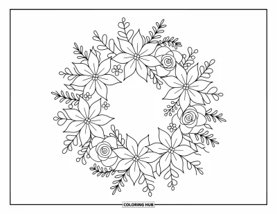 Coloriage de couronne de Noël pour adultes : Des poinsettias, des roses et du gui composent une couronne festive ornée de rubans et de baies