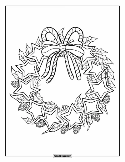 Coloriage de couronne de Noël pour enfants : Une couronne de cannes en sucre d'orge et d'étoiles est décorée de feuilles de houx et de pommes de pin