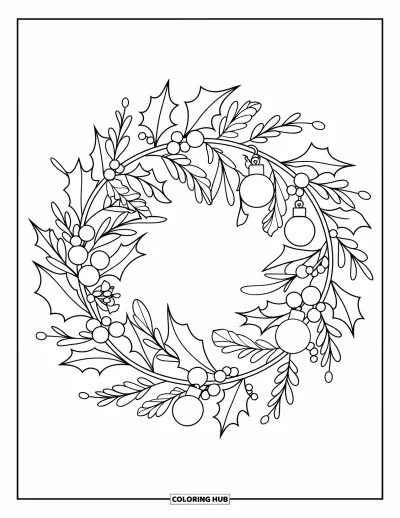 Coloriage de couronne de Noël pour enfants : Une couronne de Noël avec des feuilles de houx, des baies et des boules repose sur fond blanc