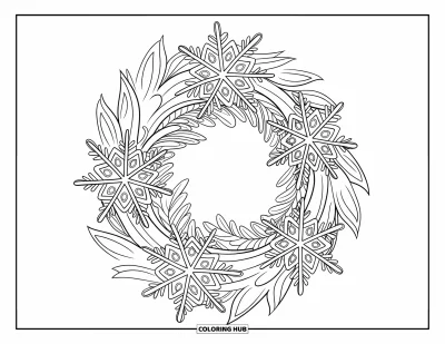 Coloriage de couronne de Noël pour enfants : Une couronne festive de verdure et de flocons de neige est présentée sur un anneau en bois