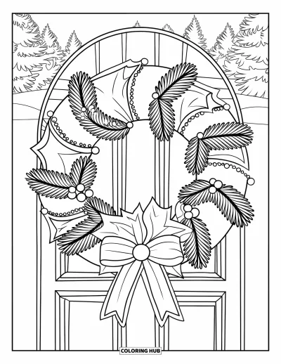 Coloriage de couronne de Noël pour enfants : Une couronne festive avec des guirlandes et des étoiles orne une porte en bois dans un bois enneigé