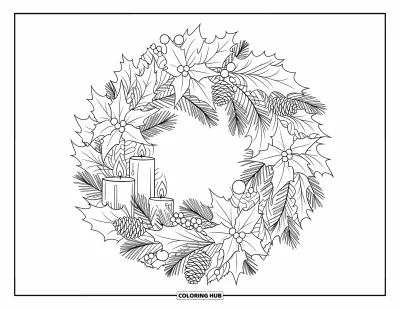 Coloriage de couronne de Noël pour enfants : Une couronne festive de houx, de bougies et de pommes de pin repose sur fond blanc