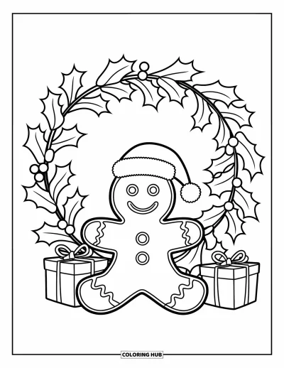 Coloriage de couronne de Noël pour enfants : Une couronne de houx avec un bonhomme en pain d'épice et des cadeaux repose sur fond blanc