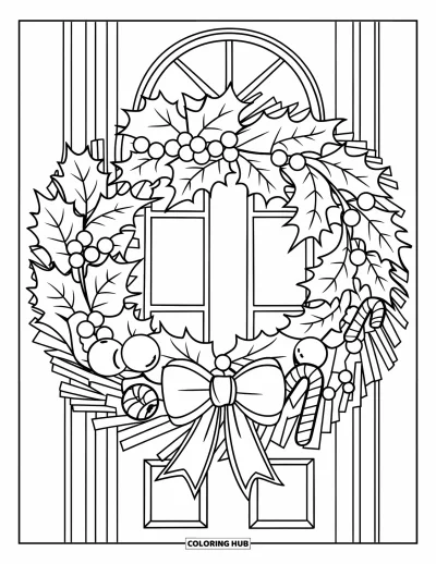 Coloriage de couronne de Noël pour enfants : Une couronne de houx avec des baies et des boules est accrochée près d'une fenêtre et d'une porte