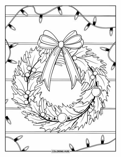 Coloriage de couronne de Noël pour enfants : Une couronne de houx avec des baies et des boules est accrochée à un mur illuminé de guirlandes