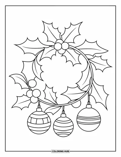 Coloriage de couronne de Noël pour enfants : Une couronne de houx avec de grandes baies et des boules est simple pour les tout-petits