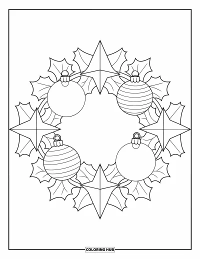 Coloriage de couronne de Noël pour enfants : Une couronne de houx avec des boules et des feuilles en forme de cœur repose sur fond blanc