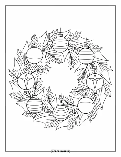 Coloriage de couronne de Noël pour enfants : Une couronne de houx avec des boules et des étoiles est posée sur fond blanc