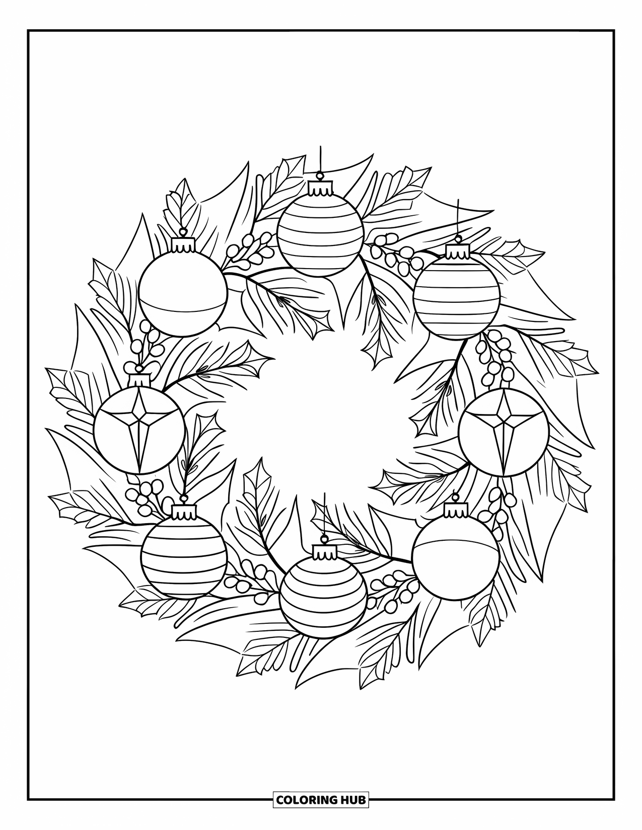 Coloriage de couronne de Noël pour enfants : Une couronne de houx avec des boules et des étoiles est posée sur fond blanc