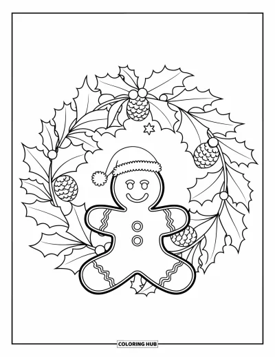 Coloriage de couronne de Noël pour enfants : Une couronne de houx avec des pommes de pin encadre un bonhomme en pain d'épice avec un chapeau de fête