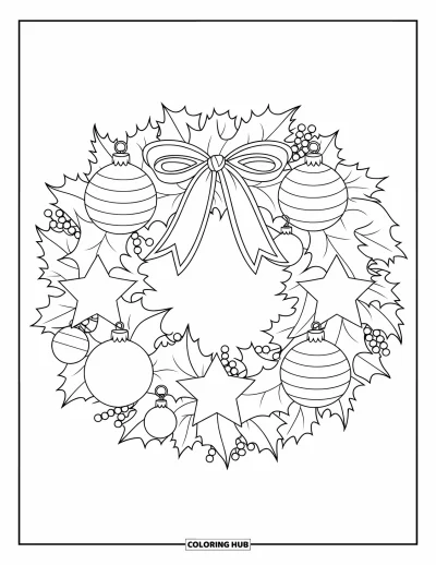 Coloriage de couronne de Noël pour enfants : Une couronne de houx avec des étoiles et des boules nouée avec un ruban est accrochée à un mur