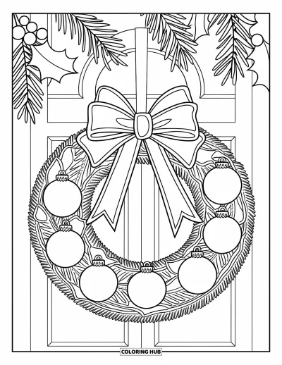 Coloriage de couronne de Noël pour enfants : Une grande couronne avec des boules et un nœud est posée simplement sur fond blanc