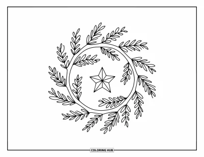 Coloriage de couronne de Noël pour enfants : Une couronne minimaliste de brindilles avec une étoile est conçue pour les enfants de maternelle