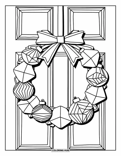 Coloriage de couronne de Noël pour enfants : Une couronne moderne avec des rubans anguleux et des boules géométriques est accrochée à une porte