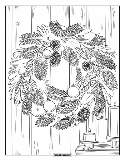 Coloriage de couronne de Noël pour enfants : Une couronne de pin avec des boules est suspendue à un mur rustique près de bougies