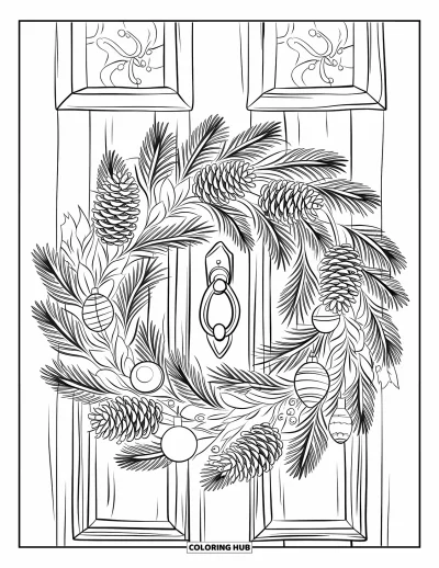 Coloriage de couronne de Noël pour enfants : Une couronne réaliste avec des aiguilles de pin et des pommes de pin orne une porte en bois