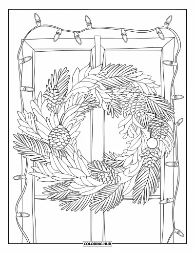 Coloriage de couronne de Noël pour enfants : Une couronne réaliste avec des pommes de pin et des boules est présentée sur un cadre en bois