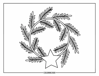 Coloriage de couronne de Noël pour enfants : Une couronne simple de brindilles avec une étoile se détache nettement sur fond blanc