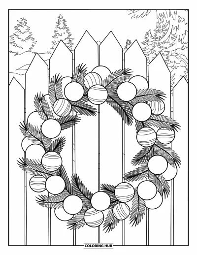 Coloriage de couronne de Noël pour enfants : Une couronne verticale avec des boules et des branches de pin orne un portail en bois enneigé