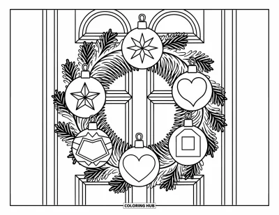 Coloriage de couronne de Noël pour enfants : Une couronne de branches avec des boules en forme d'étoiles et de cœurs est accrochée en intérieur