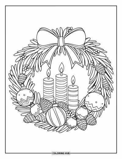 Coloriage de couronne de Noël pour enfants : Une couronne de bougies et de pommes de pin nouée avec un ruban décore une scène enneigée
