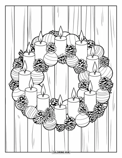 Coloriage de couronne de Noël pour enfants : Une couronne de bougies, de pommes de pin et de boules orne un mur en bois
