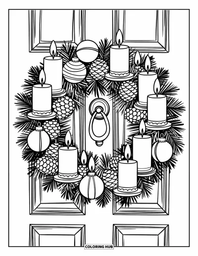 Coloriage de couronne de Noël pour enfants : Une couronne de bougies, de pommes de pin et de boules est accrochée à une porte avec un heurtoir