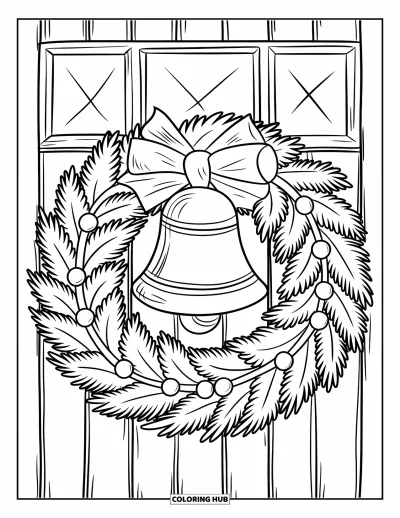Coloriage de couronne de Noël pour enfants : Une couronne de branches de sapin avec une cloche est accrochée à une porte en bois