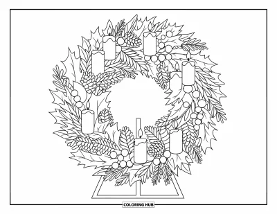 Coloriage de couronne de Noël pour enfants : Une couronne de houx, de baies, de bougies et de pommes de pin est posée sur un support en bois