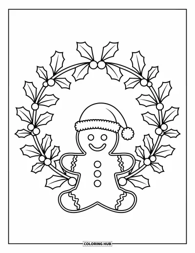 Coloriage de couronne de Noël pour enfants : Une couronne de feuilles de houx entoure un grand bonhomme en pain d'épice coiffé d'un bonnet de Père Noël