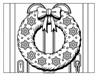 Coloriage de couronne de Noël pour enfants : Une couronne de flocons de neige et de nœuds décore une porte avec un heurtoir et une poignée