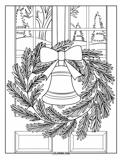 Coloriage de couronne de Noël pour enfants : Une couronne avec une grande cloche au centre décore un encadrement de porte enneigé