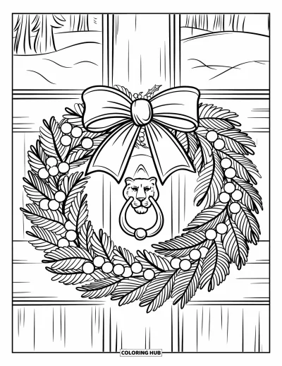 Coloriage de couronne de Noël pour enfants : Une couronne avec un grand nœud et des baies est accrochée à une porte en bois