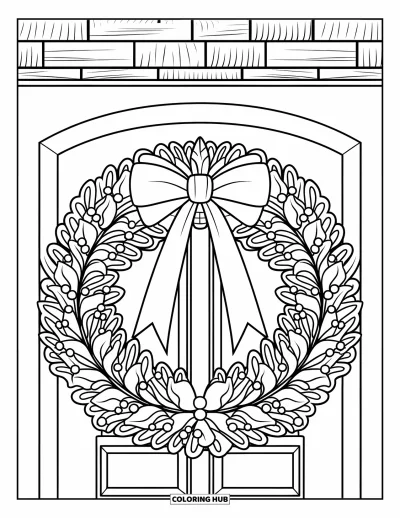 Coloriage de couronne de Noël pour enfants : Une couronne avec un nœud et des baies décore un mur texturé et une porte