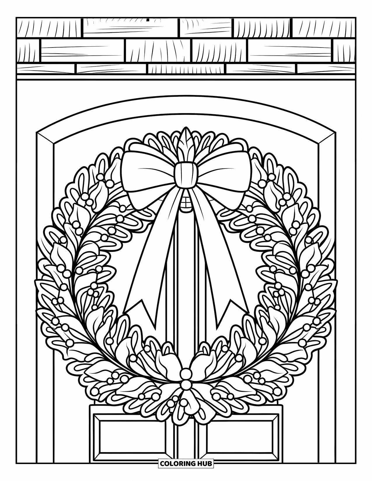Coloriage de couronne de Noël pour enfants : Une couronne avec un nœud et des baies décore un mur texturé et une porte