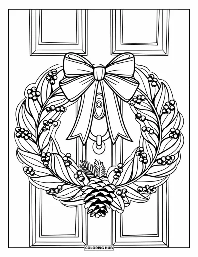 Coloriage de couronne de Noël pour enfants : Une couronne avec un nœud et des baies est suspendue à une porte avec une pomme de pin en dessous