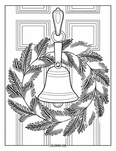 Coloriage de couronne de Noël pour enfants : Une couronne avec une grande cloche au centre est suspendue simplement sur fond blanc