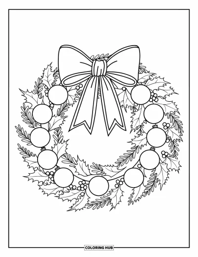 Coloriage de couronne de Noël pour enfants : Une couronne avec un grand nœud et des boules décore une page blanche immaculée