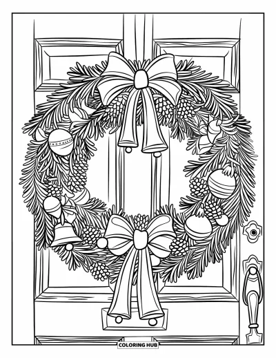 Coloriage de couronne de Noël pour enfants : Une couronne avec des cloches et des pommes de pin décore une porte avec une fenêtre