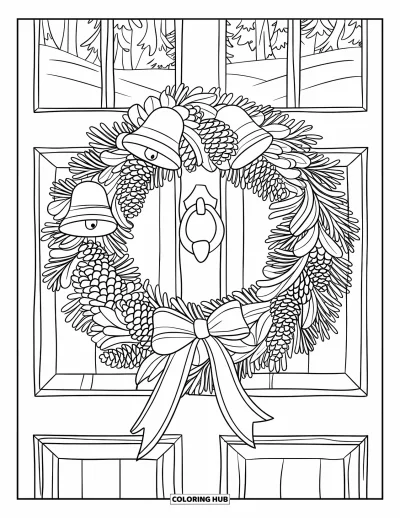 Coloriage de couronne de Noël pour enfants : Une couronne avec des cloches et des rubans est suspendue à une porte en bois enneigée