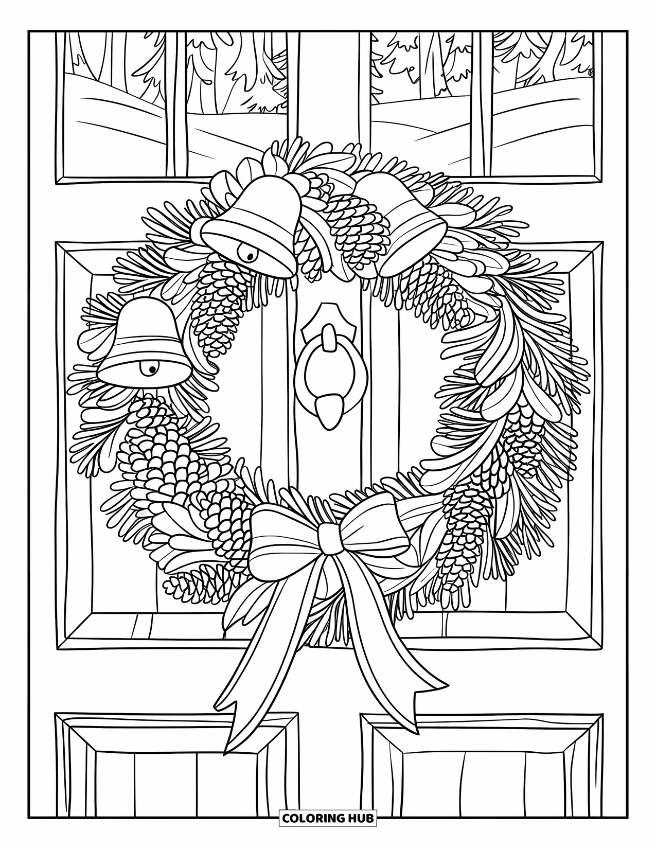 Coloriage de couronne de Noël pour enfants : Une couronne avec des cloches et des rubans est suspendue à une porte en bois enneigée