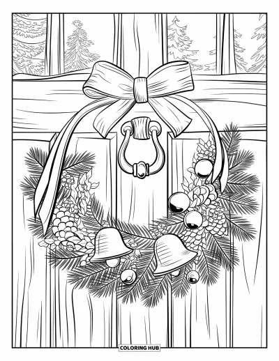 Coloriage de couronne de Noël pour enfants : Une couronne avec des cloches, des rubans et des pommes de pin est accrochée à une porte rustique ornée d'une tête de lion