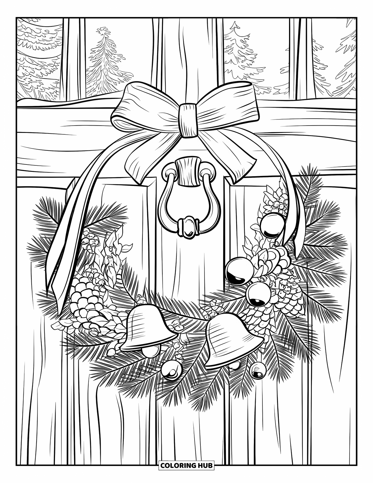 Coloriage de couronne de Noël pour enfants : Une couronne avec des cloches, des rubans et des pommes de pin est accrochée à une porte rustique ornée d'une tête de lion